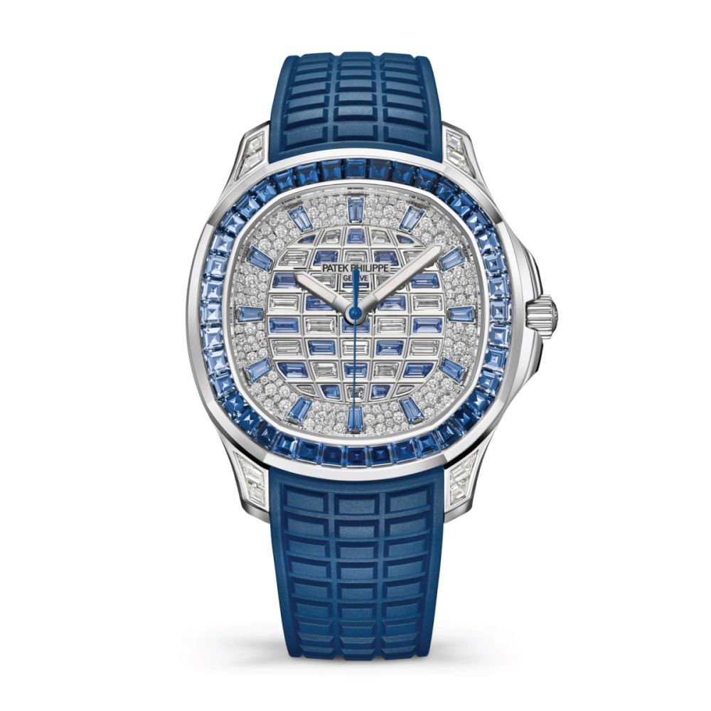<p>Let’s do the numbers: 72 baguette sapphires (5.29 cts), 38 baguette diamonds (2.03 cts), and 160 brilliant-cute diamonds (0.71 ct) on a white gold watch measuring 38.8 mm by just 9.1 mm tall with 30 meters of water resistance and an automatic winding movement with 45 hours of power reserve. And, yes, all that is mounted to a rubber strap — which may, in the final analysis, make the 5268-461G the strongest case for rubber as a luxury material to date.</p> <p>It’s a dazzling watch, but what strikes us is how reserved the colorway is, despite the unlimited bling here. We are especially fond of how Patek has recreated the three-dimensional grid (or globe) on the center of the dial, giving this model that unmistakable Aquanaut visage. Where gems so often pave over the essence of the original design, this one brings it to life. That rainbow and orange version from last year was pretty out there, but Patek has reigned itself back in and delivered what is sure to be a classic collectiible of the 2020s. At over a quater-million dollars, this one will likely be the only one seen at any party.</p> <p><strong>Case size:</strong> 38.8 mm x 9.1 mm<br> <strong>Case material:</strong> white gold<br> <strong>Water resistance:</strong> 30 meters<br> <strong>Strap:</strong> rubber<br> <strong>Movement:</strong> caliber 26-330 S auto-winding mechanical time only<br> <strong>Price:</strong> $235,674</p>