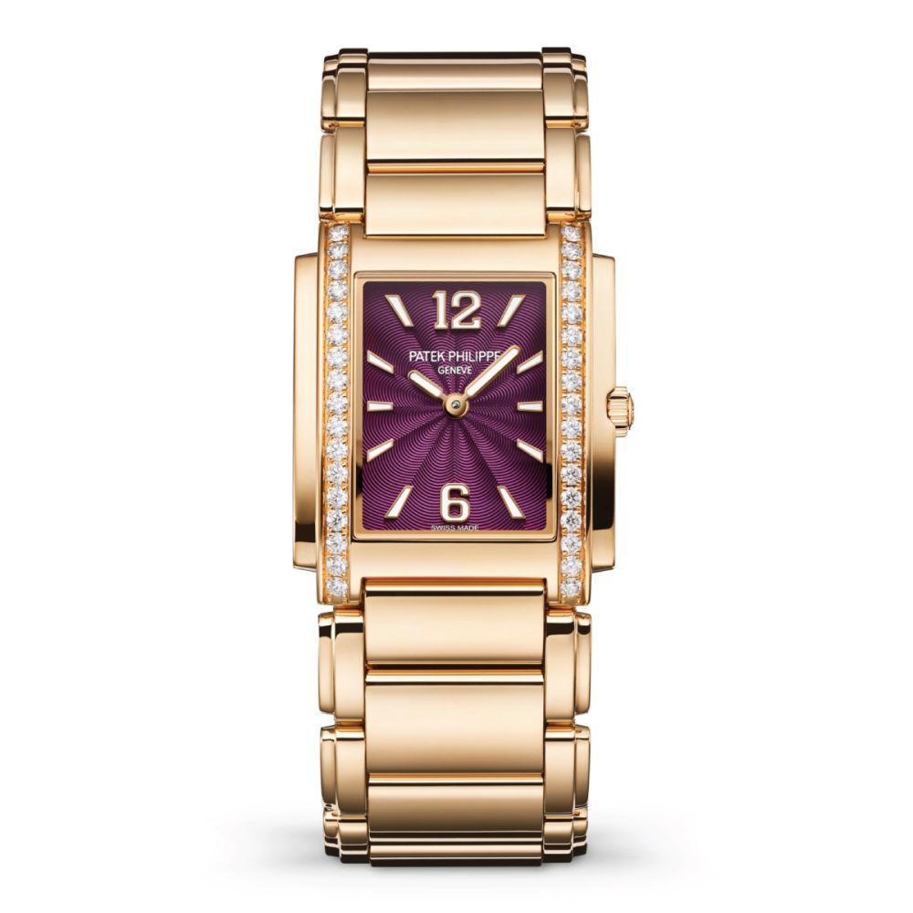 <p>Since 1999, Patek’s decidedly feminine Twenty-4 series has delivered smaller scale watches, usually with quartz movements, precious metals and gems. This year’s offering is a rose gold cuff watch with a purple lacquered dial with lovely embossing pattern sure to shimmer along with the diamonds and gold. The case and bracelet are entirely polished, and 34 brilliant-cut diamonds weigh in at 0.63 cts.</p> <p><strong>Case dimensions:</strong> 25.1 x 30 mm<br> <strong>Case material:</strong> rose gold<br> <strong>Water resistance:</strong> 30 meters<br> <strong>Bracelet:</strong> solid rose gold<br> <strong>Movement:</strong> caliber E 15 quartz time only<br> <strong>Price:</strong> $47,607</p>