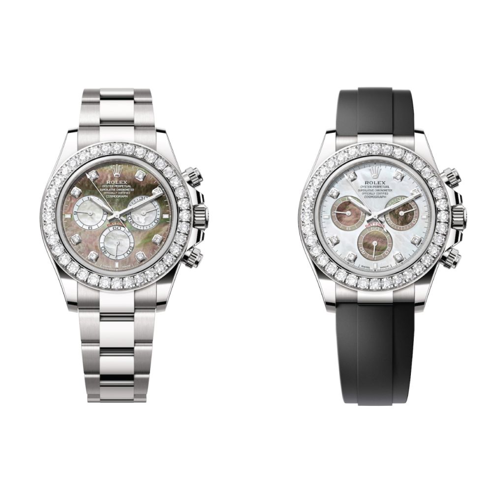 <p>Can a reinterpretation of a classic be simultaneously faithful and bold? Yes. Beyoncé’s take on The Beatles’ Blackbird proved it when new album Cowboy Carter hit streaming platforms two weeks ago, and Rolex are proving it today with these two new iterations of the Oyster Perpetual Cosmograph Daytona.</p> <p>Both are in 18 ct white gold; both have mother-of-pearl dials whose boundaries are graced with eight diamonds and three Chromalight hour markers; both are graced with a bezel set with 36 brilliant-cut diamonds. The differences? The one whose dial is white with dark chronograph counters comes with an Oysterflex bracelet; the inverted version of that color scheme comes with Oyster bracelet. Notably, this is the first time we’ve seen a mixing of mother-of-pearl colors from Rolex, and we’re already calling these the the “Pearl Pandas.”</p> <p>This is not the first iteration of a piece originally created for hardcore racing drivers, back in 1963, to forego the useful tachymetric scale for jewels, but we’ve never heard anyone complain about that. It’s arguably the most eye-catching bejeweled Daytona to date, however.</p> <p><strong>Case Size:</strong> 40 mm <br> <strong>Movement:</strong> Calibre 4131<br> <strong>Power Reserve:</strong> 72 Hours<br> <strong>Movement: </strong>caliber 4131 auto-winding chronograph<br> <strong>Price:</strong> Oysterflex $61,400, Oyster bracelet $70,100</p>
