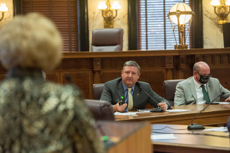 Education Committee Chairman Sen. Dennis DeBar, R-Leakesville, asks a question of former Mississippi State Superintendent of Education Carey Wright during at the Capitol Wednesday, Jan. 6, 2021. On Tuesday, DeBar killed Senate Bill 2332, leaving the legislature without a funding model for K-12 education this year.