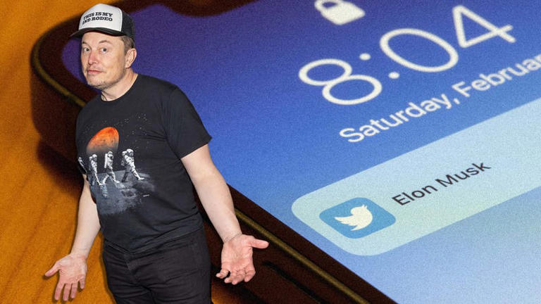 Elon Musk shrugs in front of a phone showing a tweet notification with his name on it. 