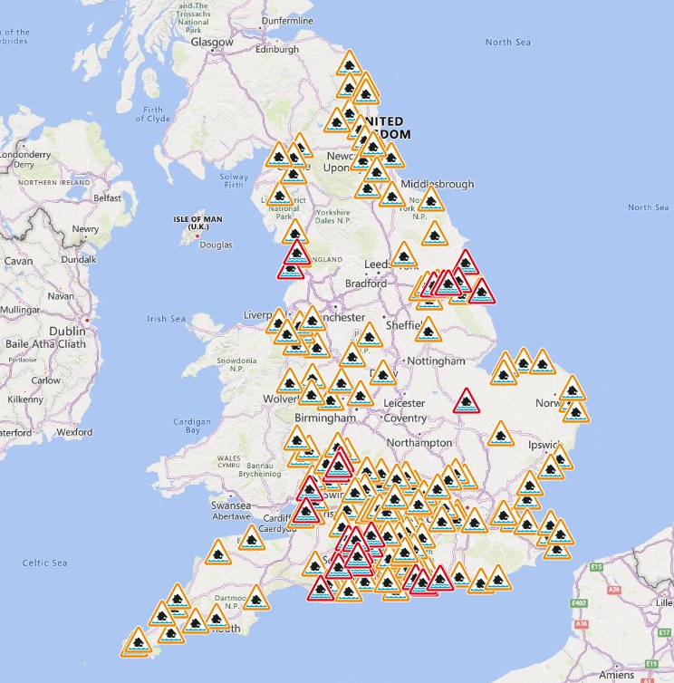 map shows flood warnings that are in place in the uk today
