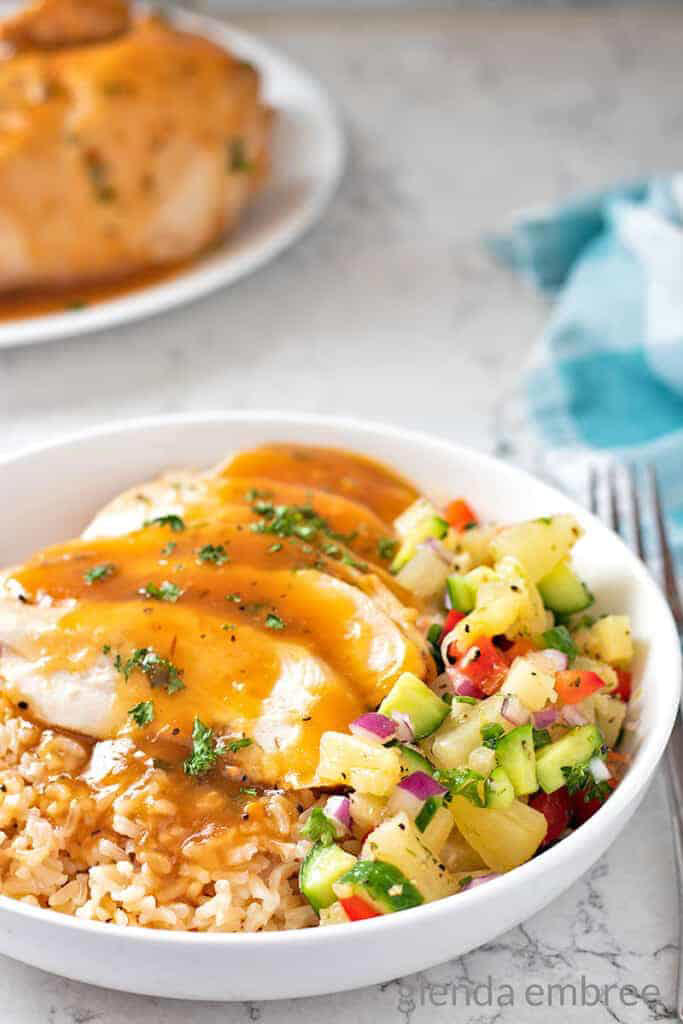 Pineapple Chicken with Rice and Pineapple Salsa: Easy Slow Cooker Dinner