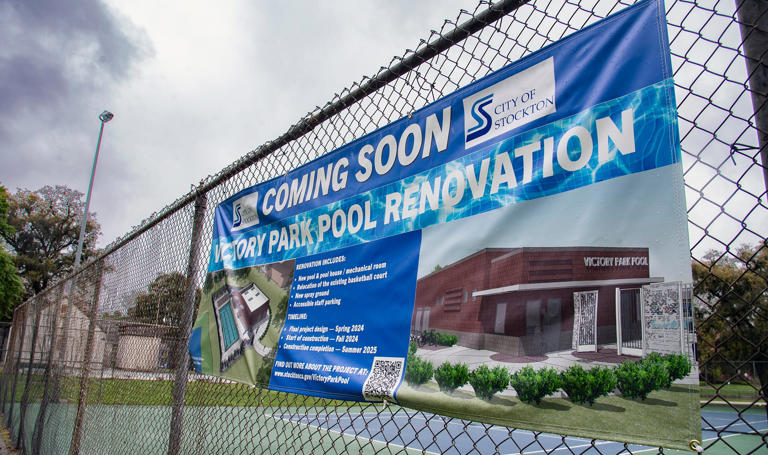 A coming soon sign announces the upcoming renovations to the Victory Park Pool in Stockton on Apr. 5, 2024. Construction is scheduled to start in the fall of 2024. CLIFFORD OTO/THE STOCKTON RECORD