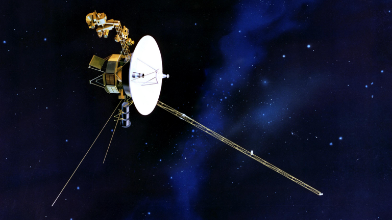 An illustration of Voyager with its antenna pointed toward Earth.