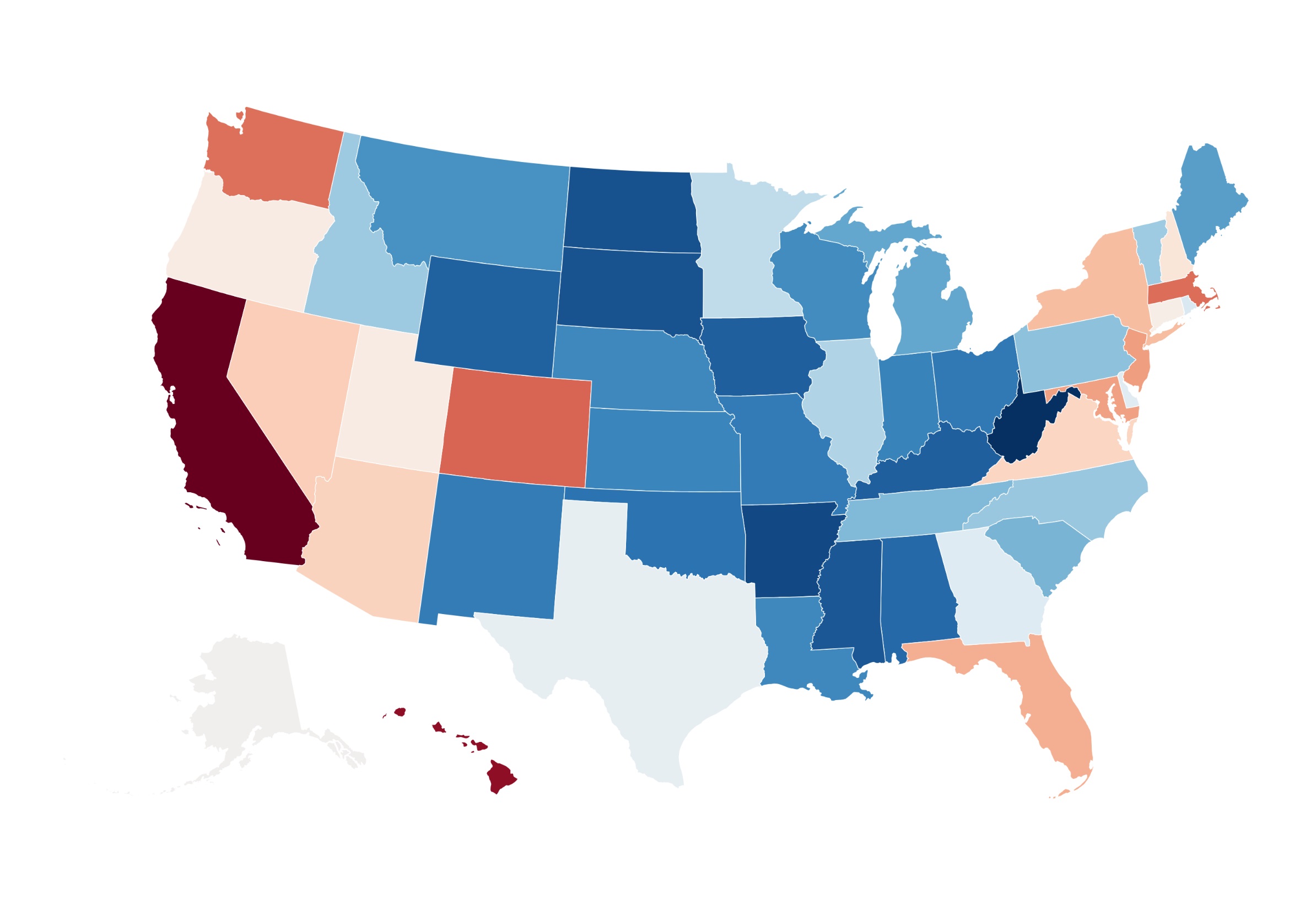map shows us states with highest, lowest rent