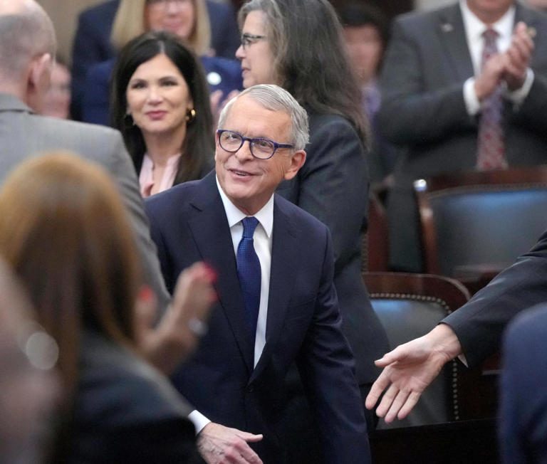 April 10, 2024; Columbus, Ohio, USA;  Ohio Governor Mike DeWine enters the Ohio House chambers before delivering his 2024 State of the State address at the Ohio Statehouse on Wednesday afternoon.