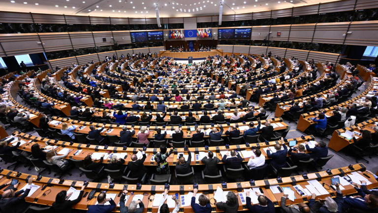 Les membres du Parlement européen participent à une série de votes lors d'une session plénière au Parlement européen à Bruxelles, le 10 avril 2024.