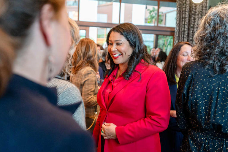 Mayor London Breed speaks with guests at a campaign fundraiser aimed at women voters in the Presidio Heights neighborhood on March 27.
