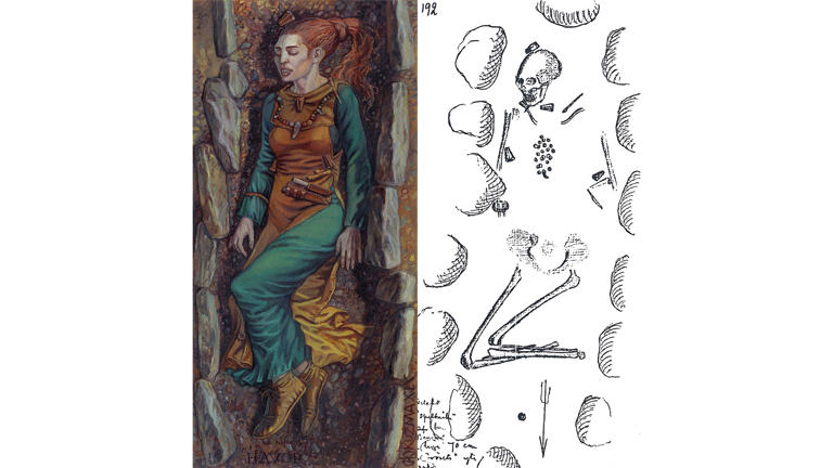 (Left): A drawing of a reconstruction of grave 192 on Gotland, which contained the remains of a woman with an artificially modified skull. (Right): A 19th century drawing of the grave. (Image credit: (Left): Mirosław Kuźma/Matthias Toplak 2019; (Right): © ATA/Riksantikvarieämbetet, Excavations G. Gustafson 1884–1887)