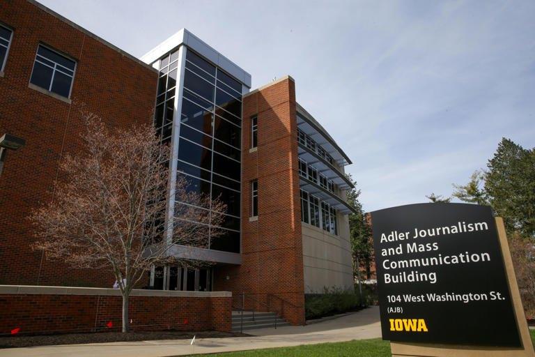 The Adler Journalism and Mass Communication Building is pictured Wednesday, April 10, 2024, on the University of Iowa campus in Iowa City, Iowa.