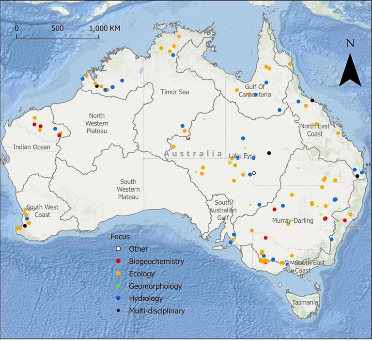 Locations of known non-perennial river research studies in Australia (n = 184). The dots represent individual studies conducted across multiple spatial scales: 'sites', whole reaches, or across an entire basin (dot at the center of that basin). Credit: Journal of Hydrology (2024). DOI: 10.1016/j.jhydrol.2024.130939
