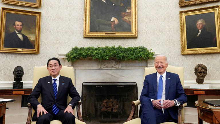 President Joe Biden hosts Japanese Prime Minister Fumio Kishida for a state visit, during a meeting at the Oval Office at the White House in Washington, DC, on April 10. - Kevin Lamarque/Reuters