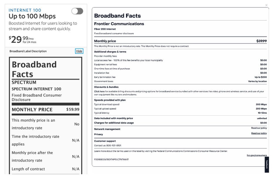 fcc-mandated 'broadband nutrition labels' now appearing on internet plans
