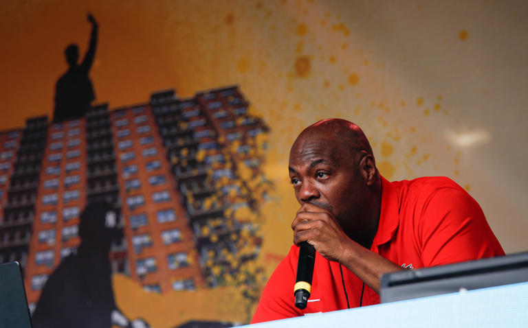 DJ Mister Cee plays during the 50 years of Hip-Hop celebration block party in Brooklyn, New York, on Aug. 5, 2023.