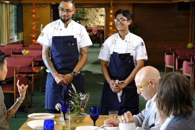 “top chef”: buddha lo takes a seat at the judges' table and two cheftestants pack up their knives and go