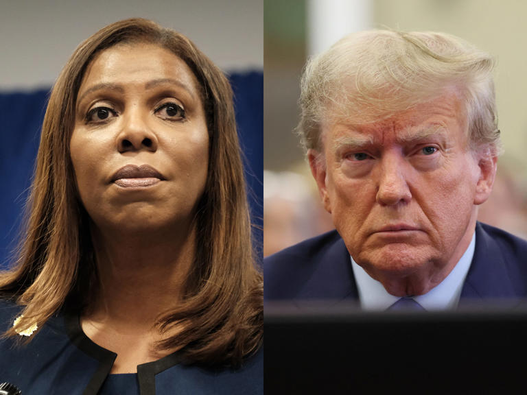 New York AG Letitia James wants to know if Trump's lawyers withheld evidence during his fraud trial. Left, Spencer Platt/Getty Images. Right, Brendan McDermid/AFP/Getty Images