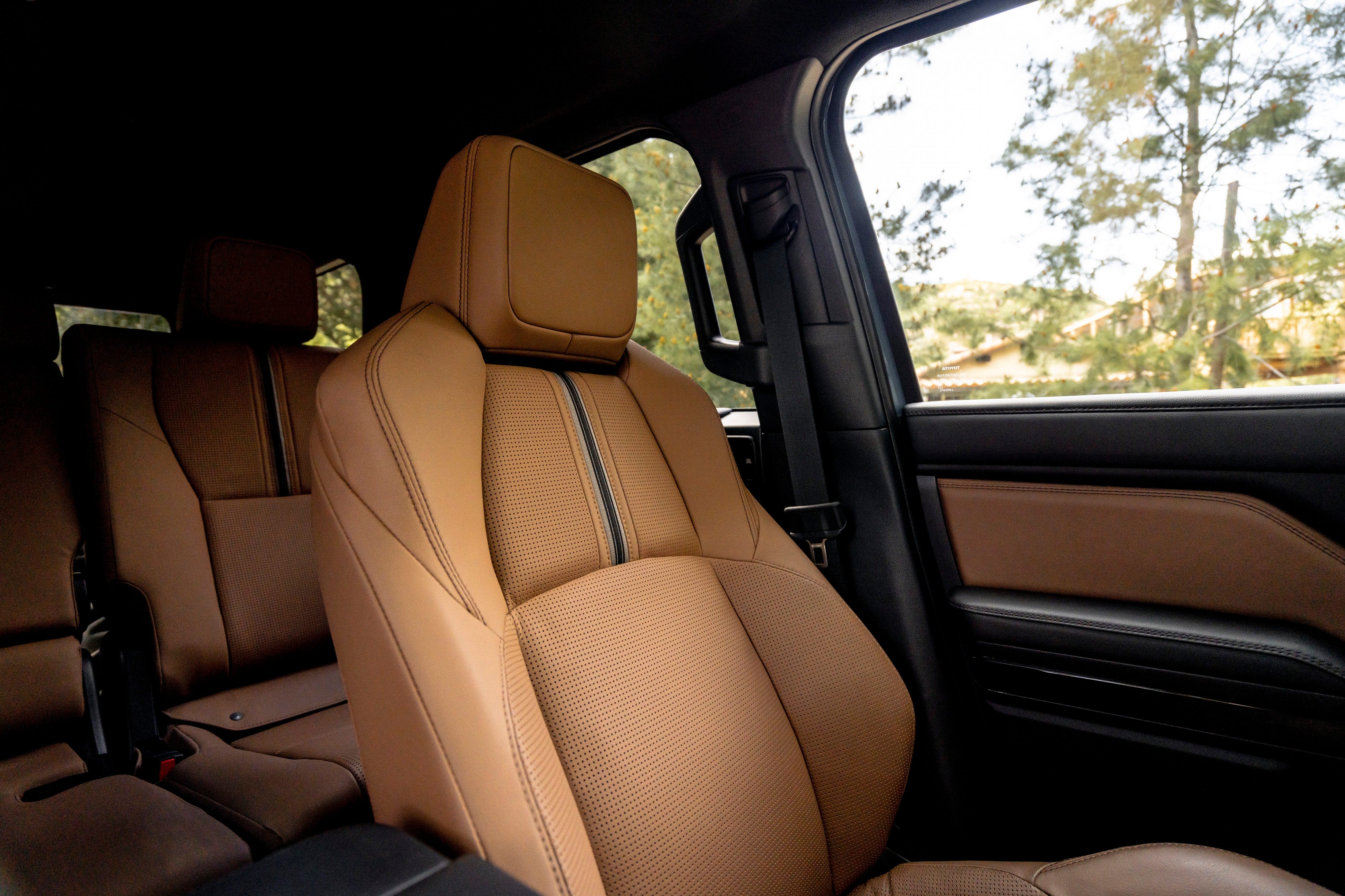 <p>The sand brown leather seats are evocative of the <span>"Baja desert racing" aesthetic that Toyota is going for, though with a bit more comfort — including, in the Platinum model, heated second-row seats.</span></p>