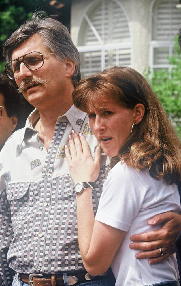 Fred and Kim Goldman, father and sister of Ronald Goldman, appear in front of the media June 15, 1994 at their home in Agoura Hills, CA, following the murder of Ronald and O.J. Simpson's ex-wife Nicole Brown Simpson.