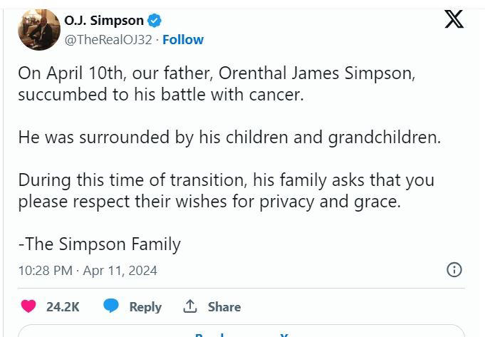 辛普森的家人在X發文指，辛普森4月10日在與癌症的鬥爭中去世。（圖／翻攝自O.J.辛普森X）