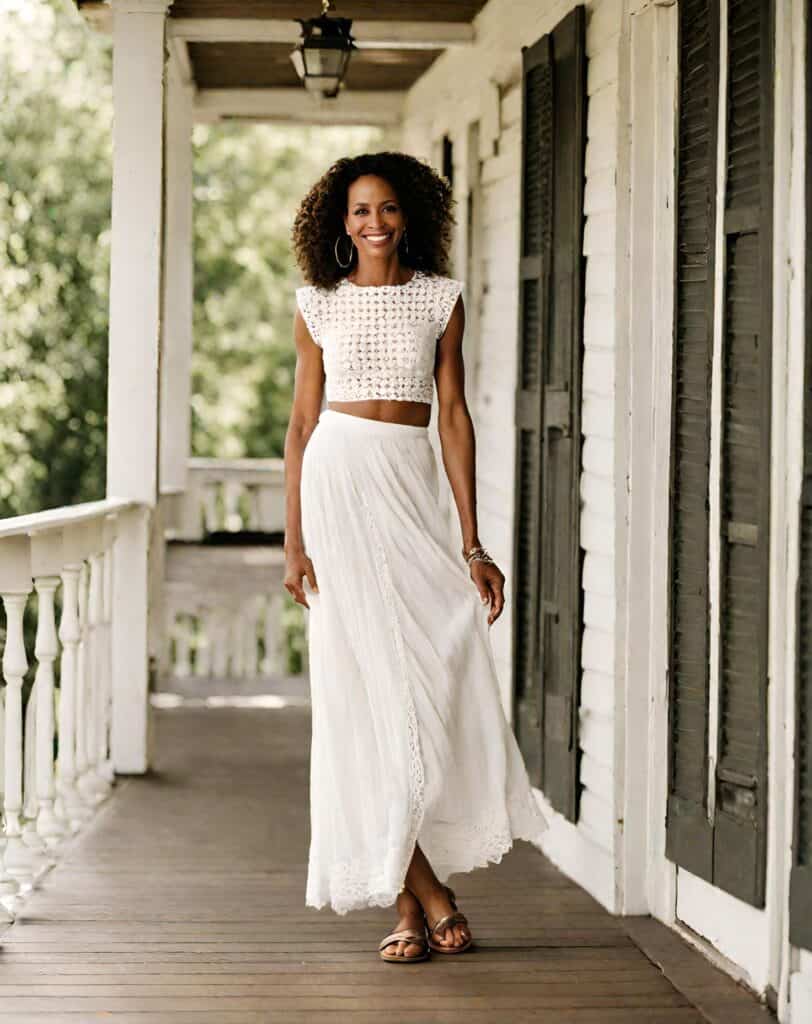 <p>The detailing of this eyelet crop top adds a hint of femininity, elevating the overall look with subtle elegance. The cropped length allows for unrestricted movement and ventilation, while the maxi skirt gives you a flowy silhouette and long length that protects you against the elements.</p>