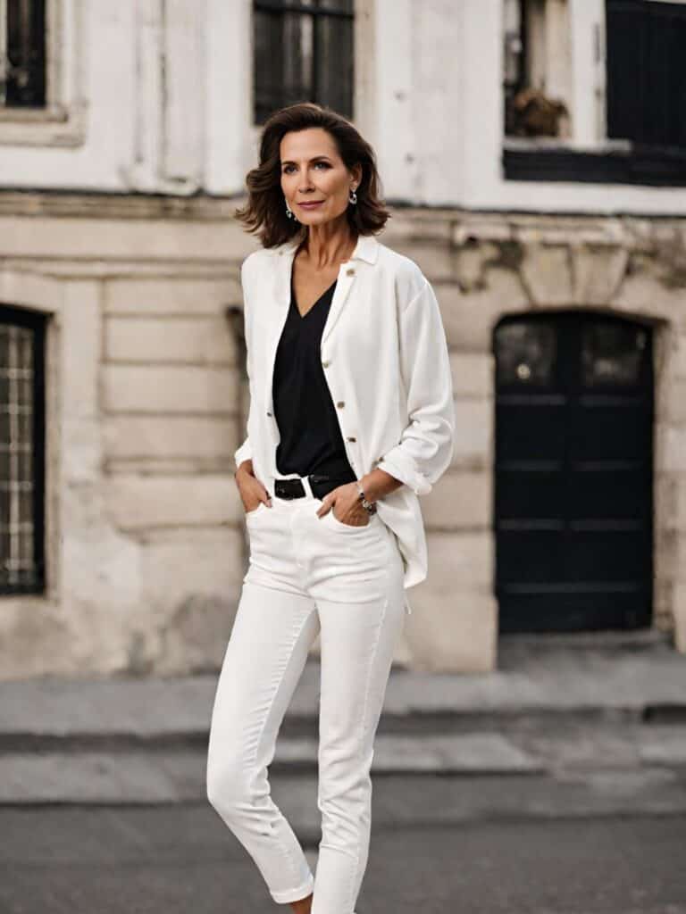 <p>The crisp white shirt adds polish to the ensemble, while the black V-neck provides a flattering contrast and adds depth to the look. Additionally, the layering of these pieces allows for flexibility in adjusting to changing temperatures during travel, ensuring comfort throughout the journey.</p>