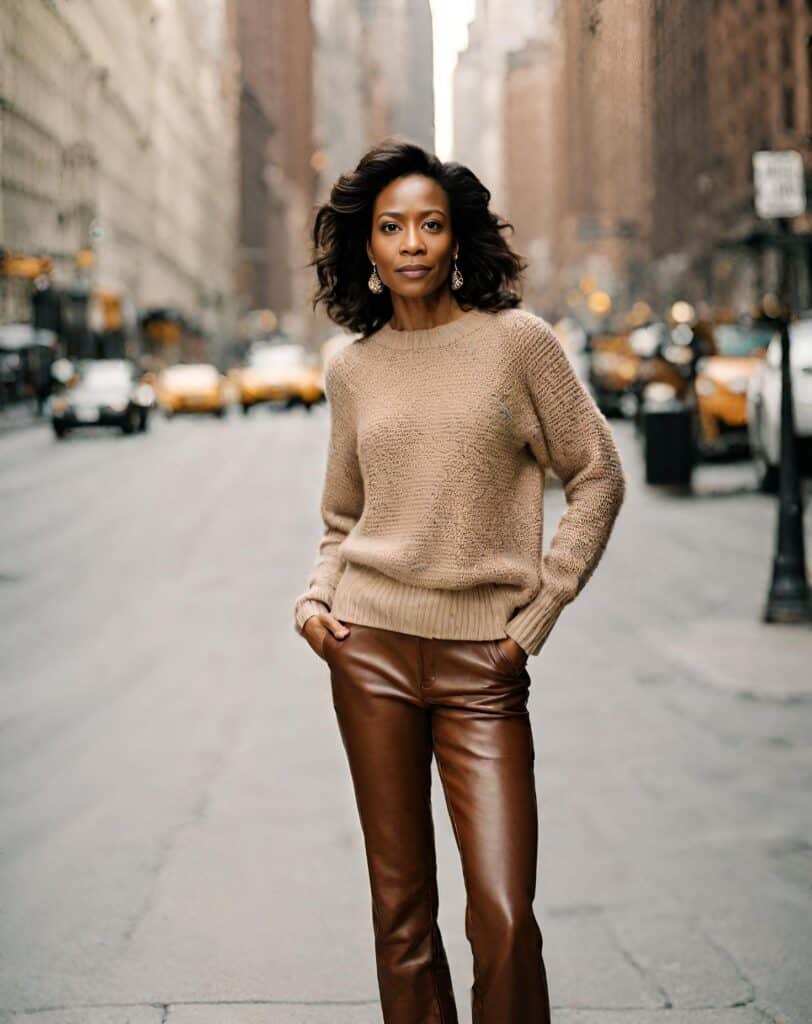 <p>The soft texture of the knit sweater provides a relaxed look and comfortable feel, ensuring both comfort and style during long flights or rides. The leather pants elevate your overall aesthetic while providing reliable durability and versatility as you perform different travel undertakings.</p>