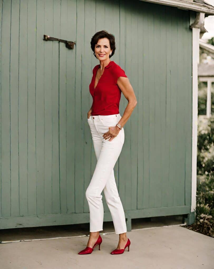 <p>The red color delivers flair to your outfit, making a bold statement without being overpowering. The white jeans, however, smartly contrasts your red blouse and give your entire outfit a fresh and modern balance.</p>