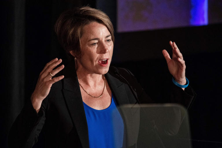 Massachusetts Attorney General and gubernatorial candidate Maura Healey speaks at the Annual Greater Boston Labor Council Breakfast on Sept. 5, 2022, in Boston. (Joseph Prezioso/AFP/Getty Images/TNS)