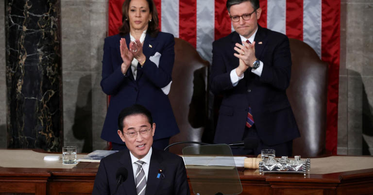 U.S. Vice President Kamala Harris and U.S. House Speaker Mike Johnson (R-LA) applaud as Japanese Prime Minister Fumio Kishida addresses a joint meeting of Congress at the U.S. Capitol in Washington, U.S., April 11, 2024.
