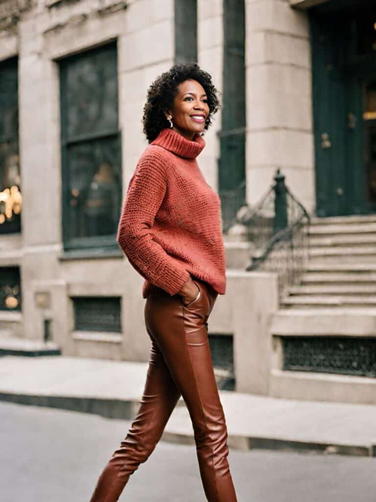 <p>The luxurious quality of the cashmere sweater not only allows you to move easily and achieve a refined look but it’s also ideal for traveling to destinations with cooler climates. The brown hue of the pants adds warmth and depth, whereas the leather material provides resilience.</p>