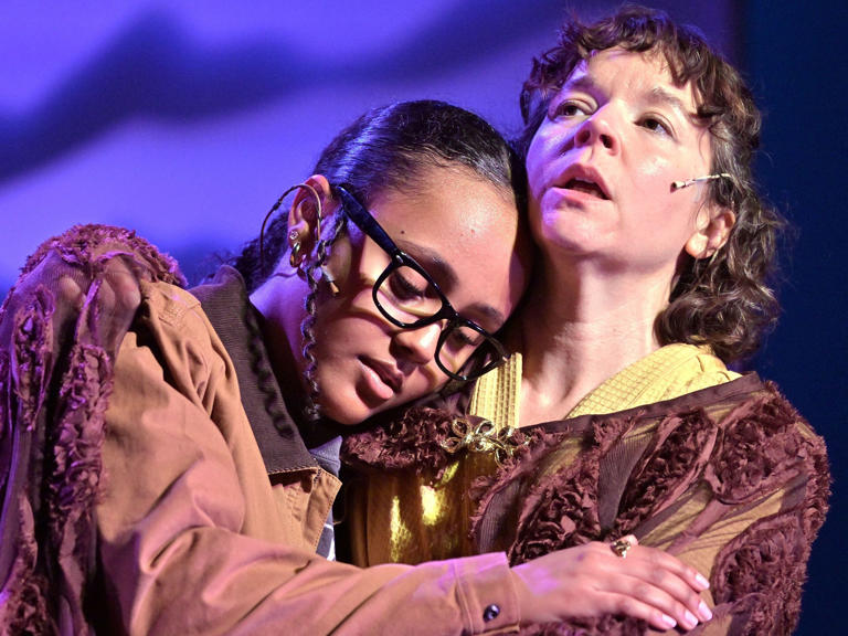 Beza Mekonnen (left) as Meg Murry and Becca A. Lewis rehearse a scene from Wheelock Family Theatre's "A Wrinkle in Time."