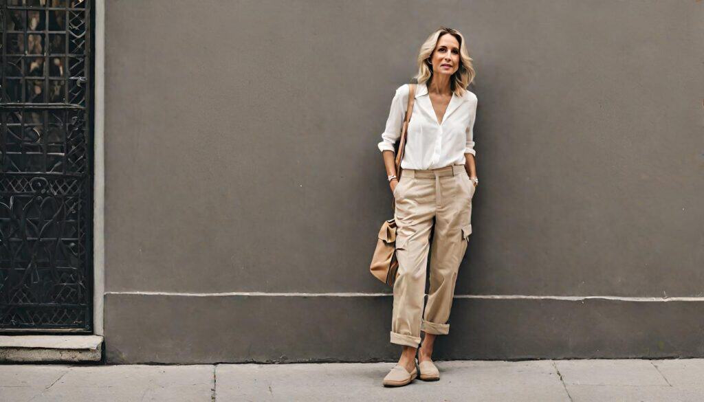<p>Wearing a white blouse gives you a very fresh and neat appearance, giving you a younger-looking complexion. The cargo pants, meanwhile, are quite a utilitarian pick since they have pockets for you to store your travel essentials.</p><p><strong>More styling tips from Petite Dressing</strong></p><ul> <li><a href="https://blog.petitedressing.com/sundresses-women-over-50/">The Casual Sundress Guide for Women over 50</a></li> <li><a href="https://blog.petitedressing.com/avoid-50s/">12 Things Not to Wear if You are Over 50</a></li> </ul>