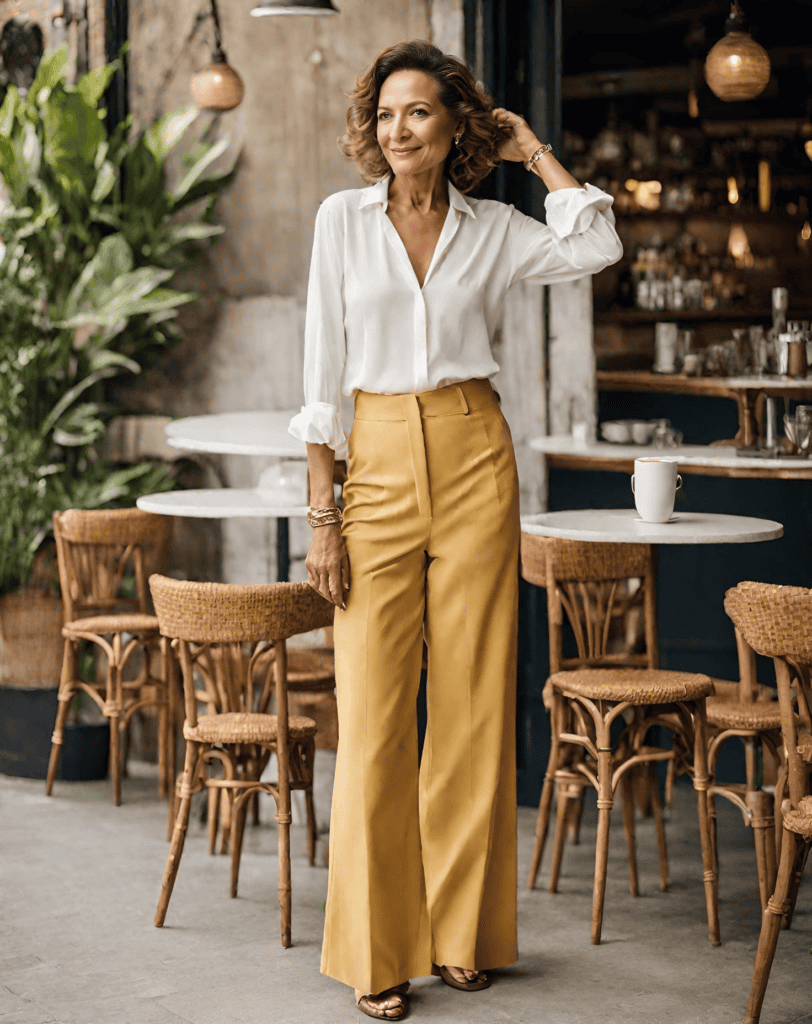<p>The button-down style of this shirt allows for easy adjustment and layering, ensuring versatility throughout the journey. The vibrant wide-leg pants, however, add a pop of color and personality, providing pure comfort and youthfulness to your overall appearance.</p>