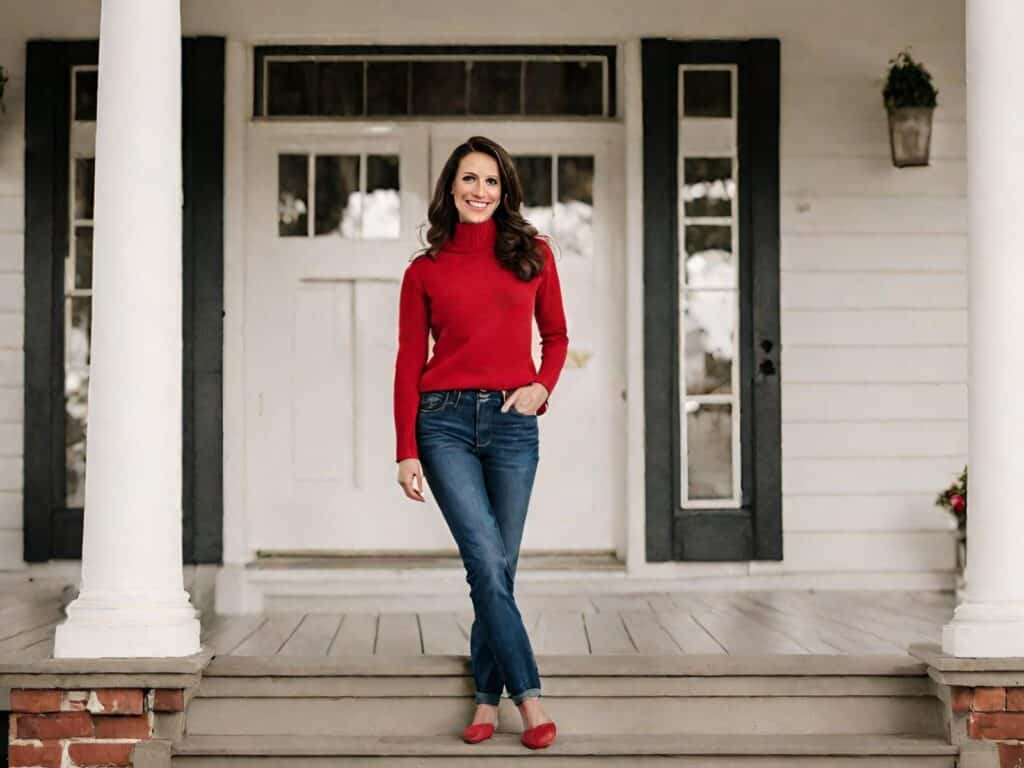 <p>The fierce red color of this turtleneck top allows it to shine as the focal point in your outfit, while the classic silhouette of the jeans subtly balances it. This combination strikes a balance between casual elegance and practicality, ascertaining glamor and comfort during travel hours.</p>