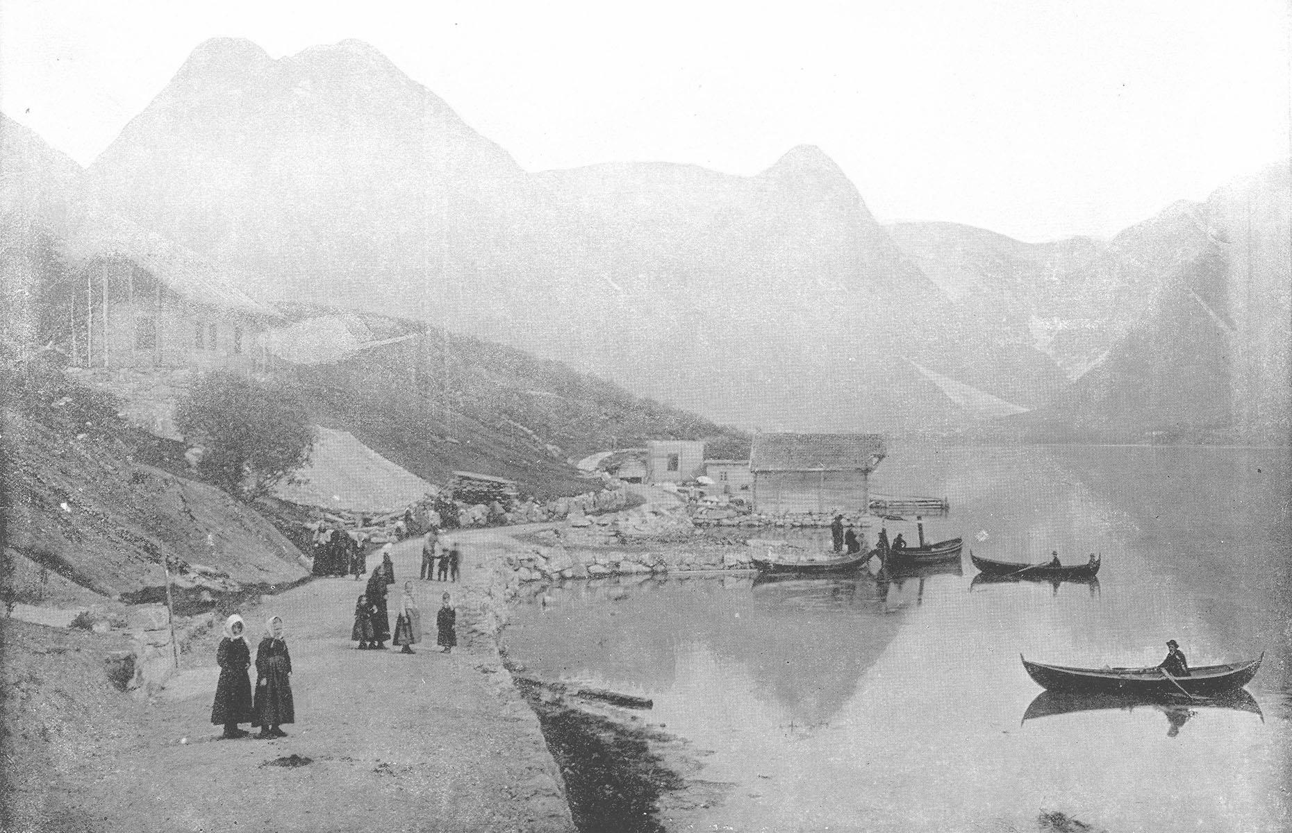 <p>Mundal is a small community that sits beside the water of Fjaerlandsfjorden. It was settled during the time of the Vikings and now serves as a base for hikers who walk the trails that branch out along the fjord and up the surrounding mountains. Times were difficult when this photo was taken in 1895, and many of Mundal’s citizens chose to emigrate to America for a new life rather than farm the difficult soil. Among them were the family of Walter Mondale, US Vice President under Jimmy Carter, who opened Fjaerland's first road connection in 1986.</p>