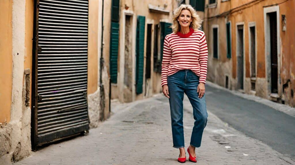 <p>The vertical stripes in this top give the illusion of a longer silhouette, complementing your figure. The long sleeves provide coverage and warmth from fluctuating temperatures; the cropped length of the jeans allows for ease of movement, making it easy to navigate different places.</p>
