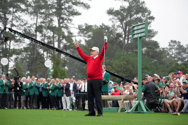 Apr 6, 2023; Augusta, Georgia, USA; Honorary starter Jack Nicklaus reacts after teeing off on the first hole before the first round of The Masters golf tournament. Mandatory Credit: Kyle Terada-USA TODAY Network