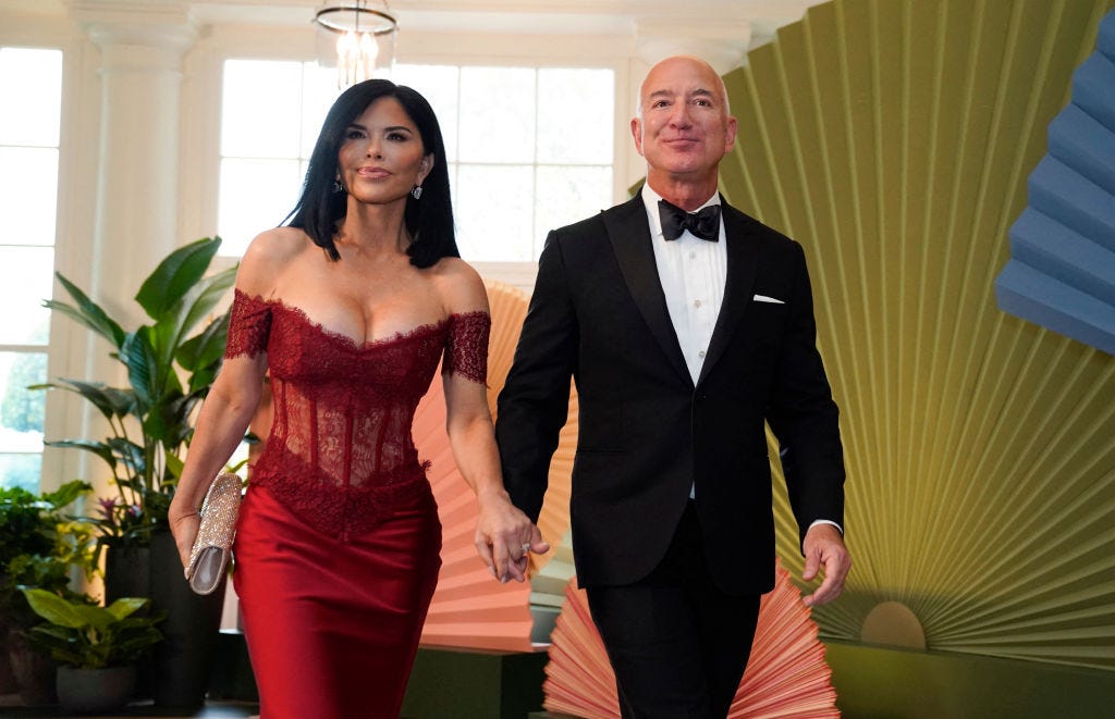 <p>A former news anchor and helicopter pilot, <a href="https://www.businessinsider.com/jeff-bezos-fiancee-lauren-sanchez-bio-photos-2023-12">Sanchez</a> began dating the Amazon founder in 2018.</p>