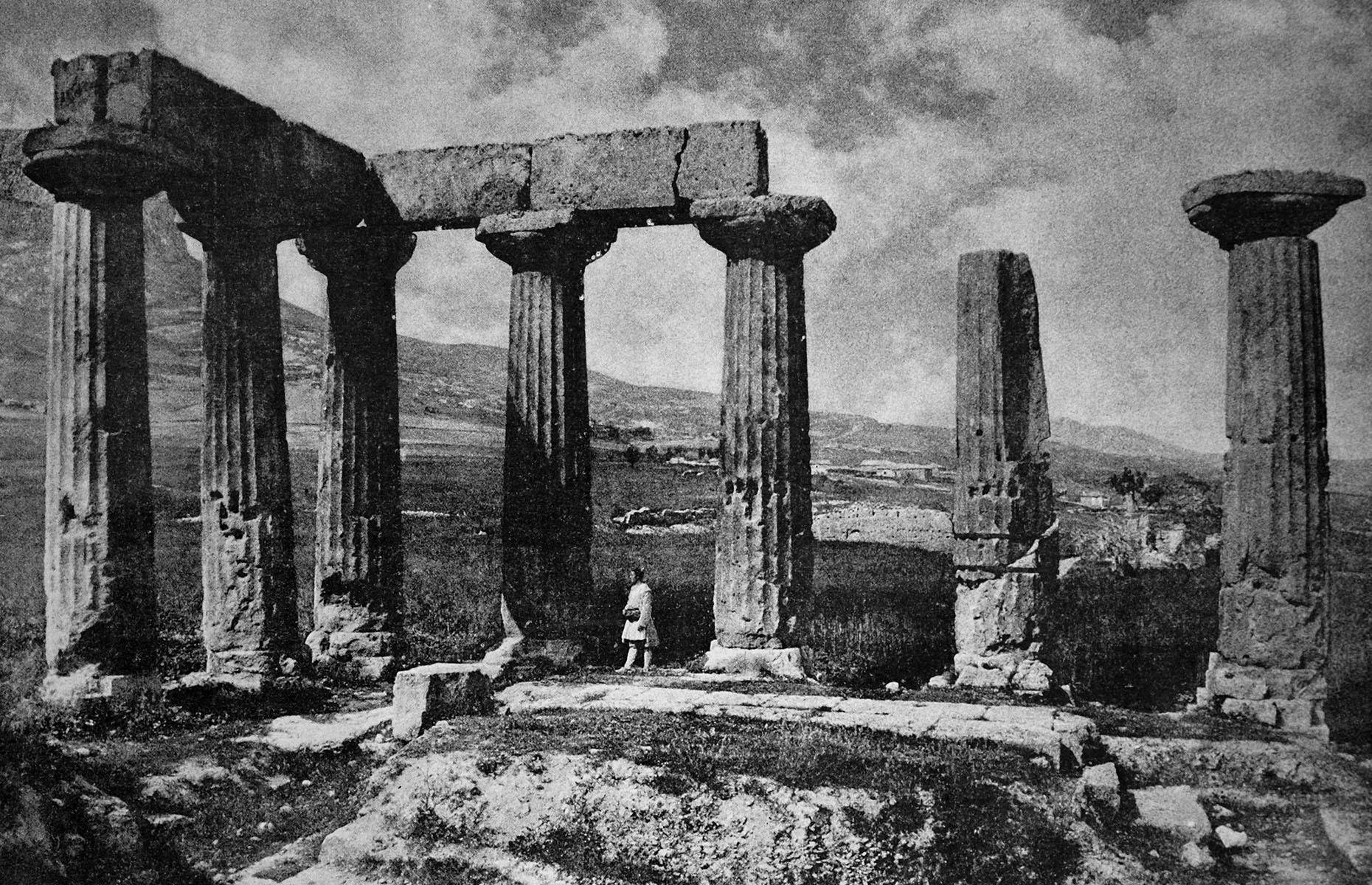 <p>This photo of a lone visitor at the Temple of Apollo in Corinth, in the Peloponnese region of Greece, is truly evocative of a time past. It was taken in 1884, 12 years before excavations on the site of the ancient Greek city of Corinth began, led by a group of American archaeologists based in Athens. They revealed the remains of other temples, villas, a theater, shops, public baths, pottery factories, a gymnasium, and a large triumphal arch, confirming the city’s importance in the ancient world.</p>