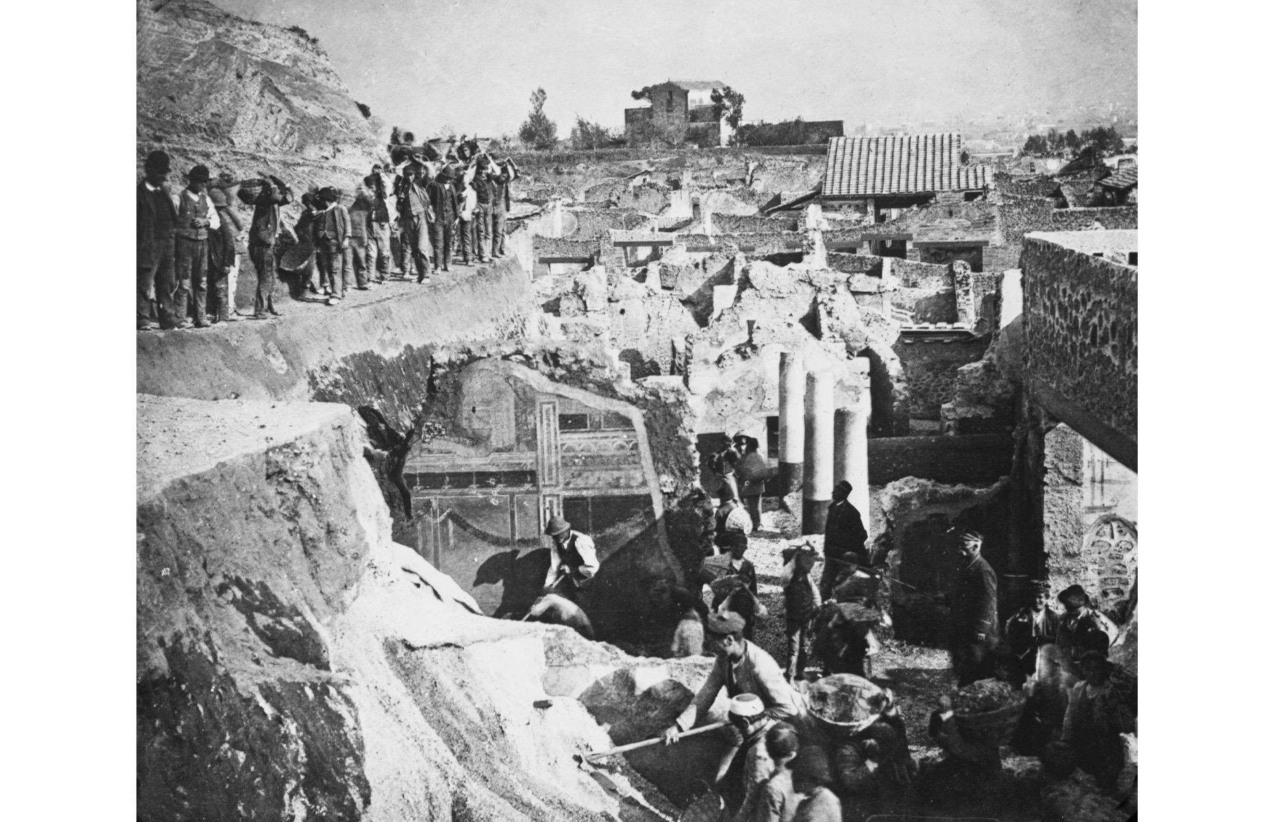<p>People travel from all over the world to visit the vast archaeological site at Pompeii, drawn by the terrible story of a Roman city perfectly preserved under yards of ash after Mount Vesuvius erupted in AD 79. The laborers seen here worked for Italian archaeologist Giuseppe Fiorelli. He became director of excavations in 1860 and is credited with bringing order and clarity to the process. It was also his idea to make casts of the poor souls who had perished by pouring plaster into the hollows formed in the volcanic ash where their bodies had disintegrated.</p>