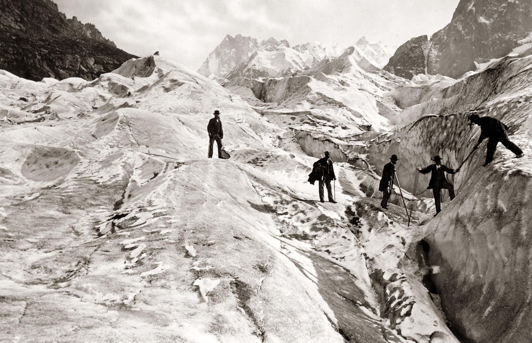 <p>The Aletsch Glacier in Switzerland’s Bernese Alps is the mightiest mass of ice in Europe. Covering a staggering 66 square miles, it has always attracted tourists, including these smartly dressed chaps in 1870. Sadly, the glacier has lost almost two miles of its length since this photo was taken, and by 2100, scientists' predictions suggest it could shrink by a further eight miles.</p>
