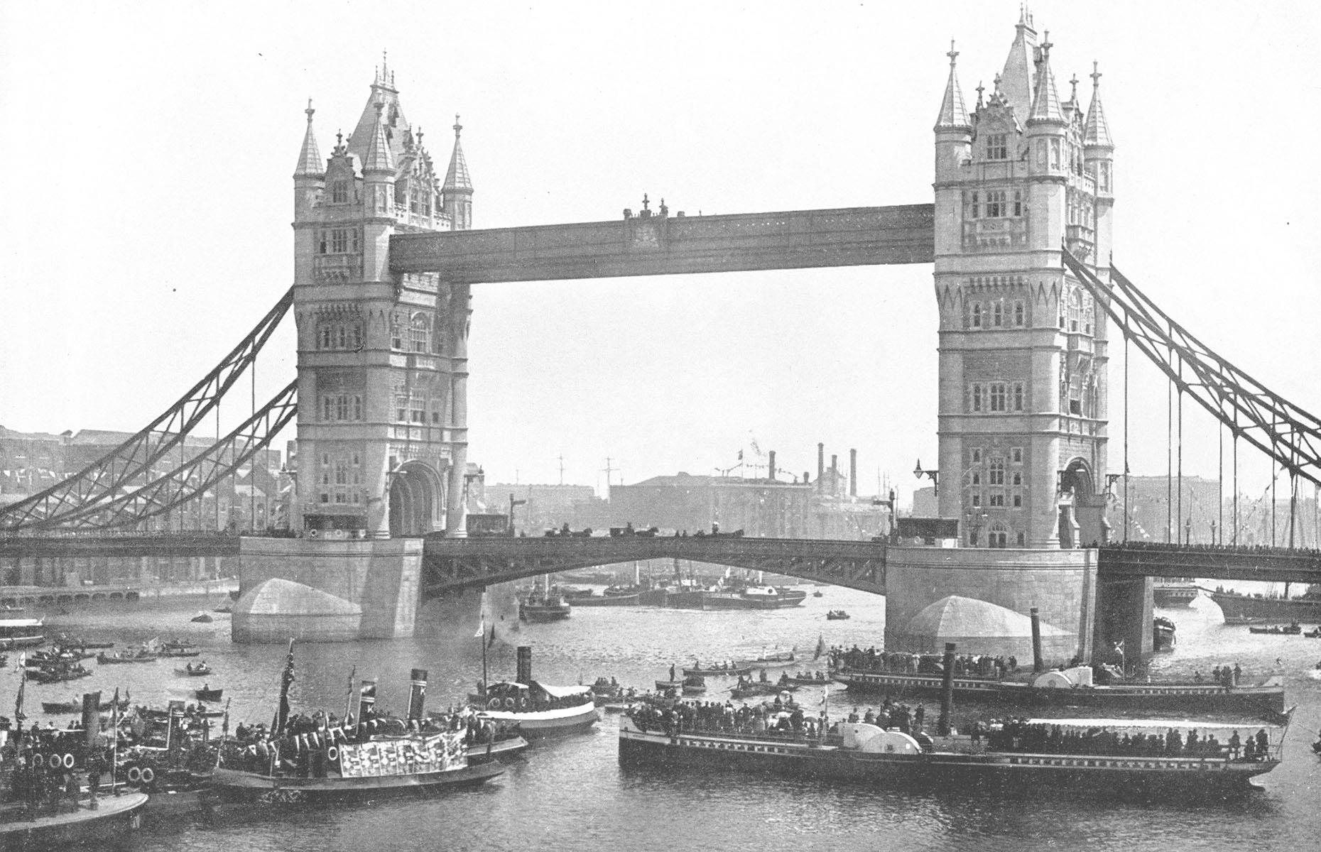 <p>Tower Bridge in London is such an iconic part of the fabric of the English capital that it is hard to believe that it was only opened in 1894. Here we see the grand structure on the day of its inauguration on 30 June, when it was declared open by the Prince and Princess of Wales with great celebrations. It remains one of the most recognizable – and most photographed – attractions in London.</p>
