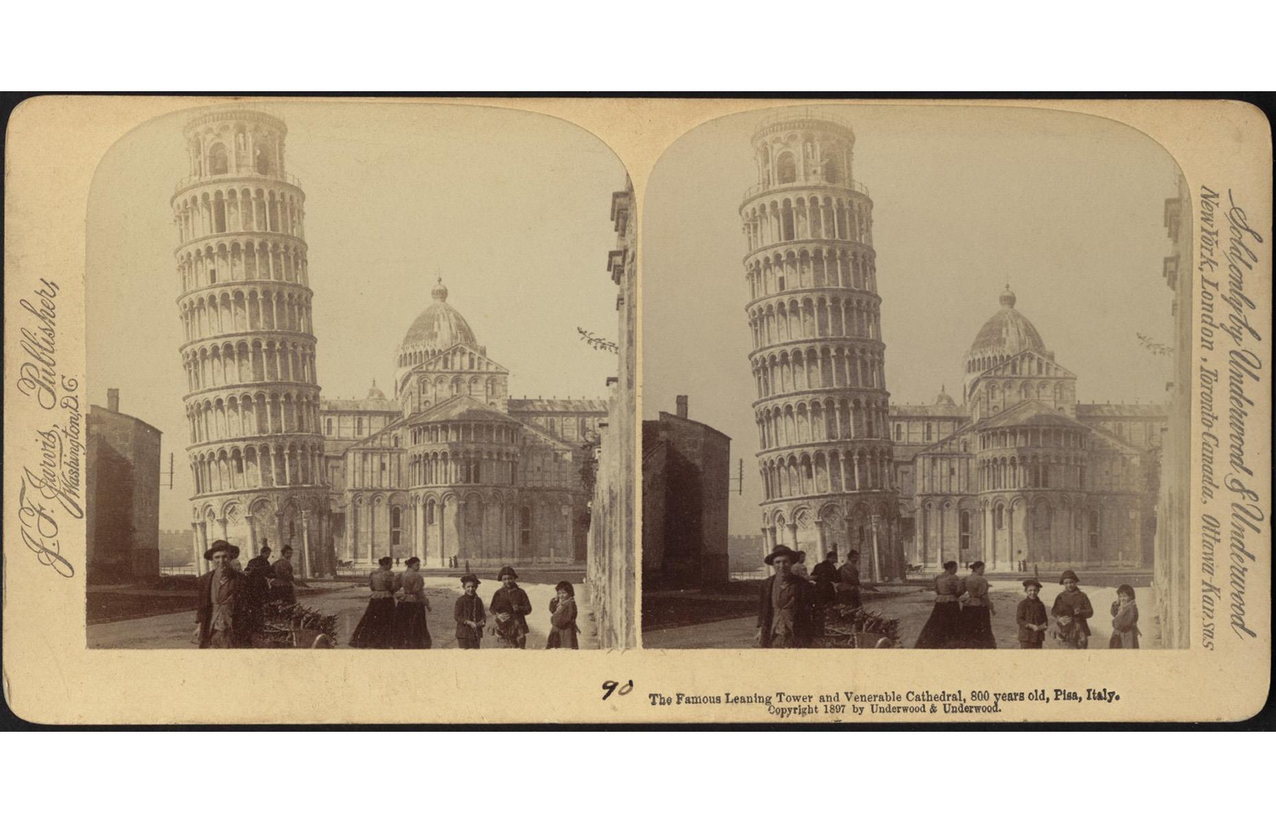 <p>The Leaning Tower of Pisa began tilting by the time the first story was completed in 1178 and has been sloping an extra 0.05 inches per year ever since, although efforts to stabilize it have reduced the incline. That hasn’t stopped an estimated 500,000 people climbing the 251 steps to the bell tower each year. Or the nearly 6 million tourists who visit the Square of Miracles in front of the tower and have their photo taken pretending to hold it up. Photography was still a new medium when this photo was taken in 1897, and the bemused locals simply looked straight at the camera.</p>