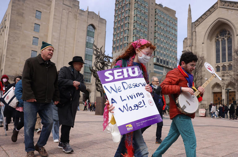 Boston University graduate student workers and their supporters rallied in late March.
