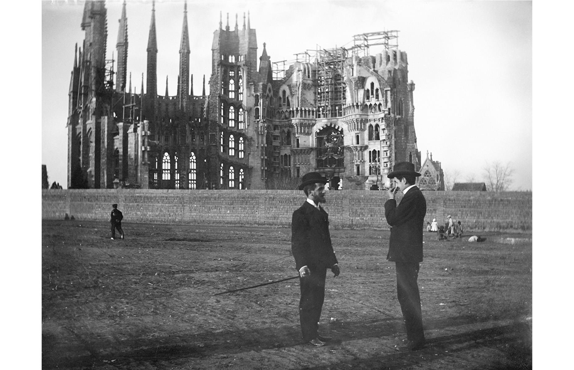<p>Construction had already been underway for 23 years when this photo of these smart chaps was taken beside the Sagrada Familia in Barcelona in 1905. Designed by eccentric Catalan architect Antoni Gaudi, it remains the largest unfinished Catholic church in the world. It was Gaudi’s most audacious and spectacular creation, with the current scheduled finish date set for 2026, the centenary of his death.</p>