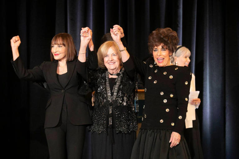 Founders of the fashion show (left to right) Karen Fanoe, Jeri Olivas and Shirley Lavorato during the 2019 show finale. (Photo courtesy of the American Cancer Society)
