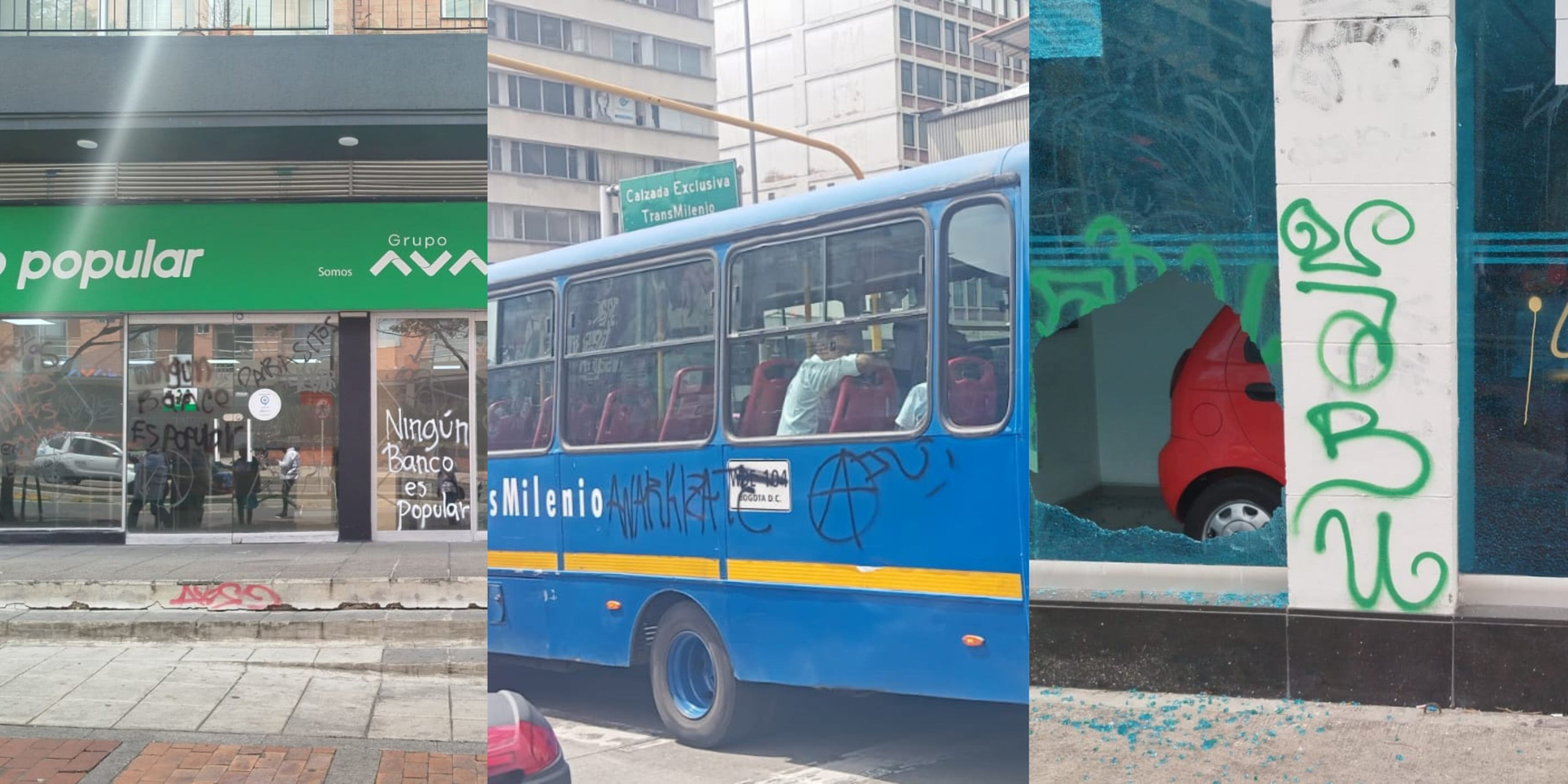 encapuchados causaron temor en bogotá: sedes bancarias, buses y negocios fueron vandalizados