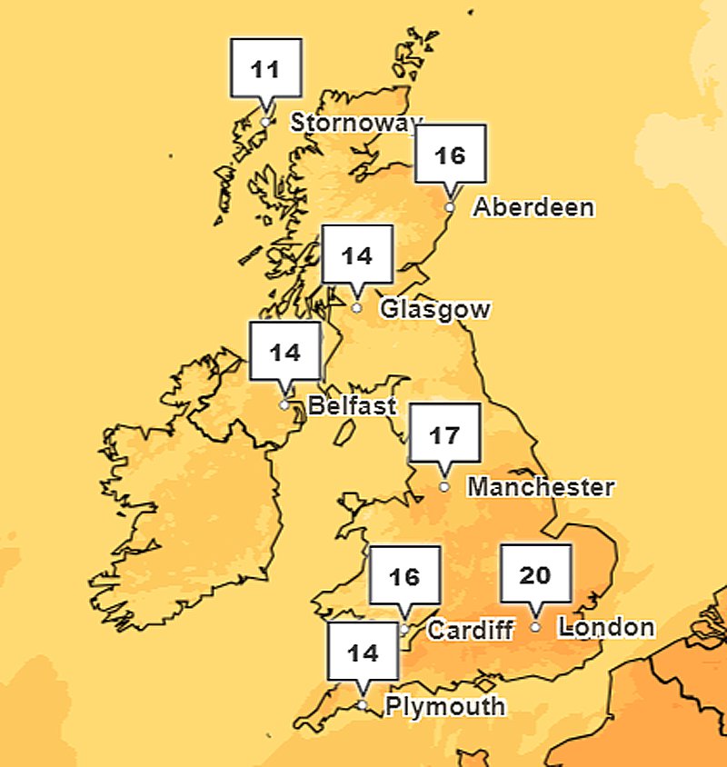 map shows where will be the hottest in during scorching uk 'mini-heatwave'