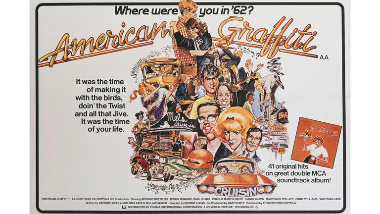A poster for George Lucas' 1973 comedy "American Graffiti" starring Richard Dreyfuss, Ron Howard and Paul Le Mat. Getty Images
